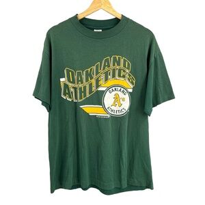Vintage 80s Oakland Athletics Green Crew Neck‎  Trench USA T-shirt Large